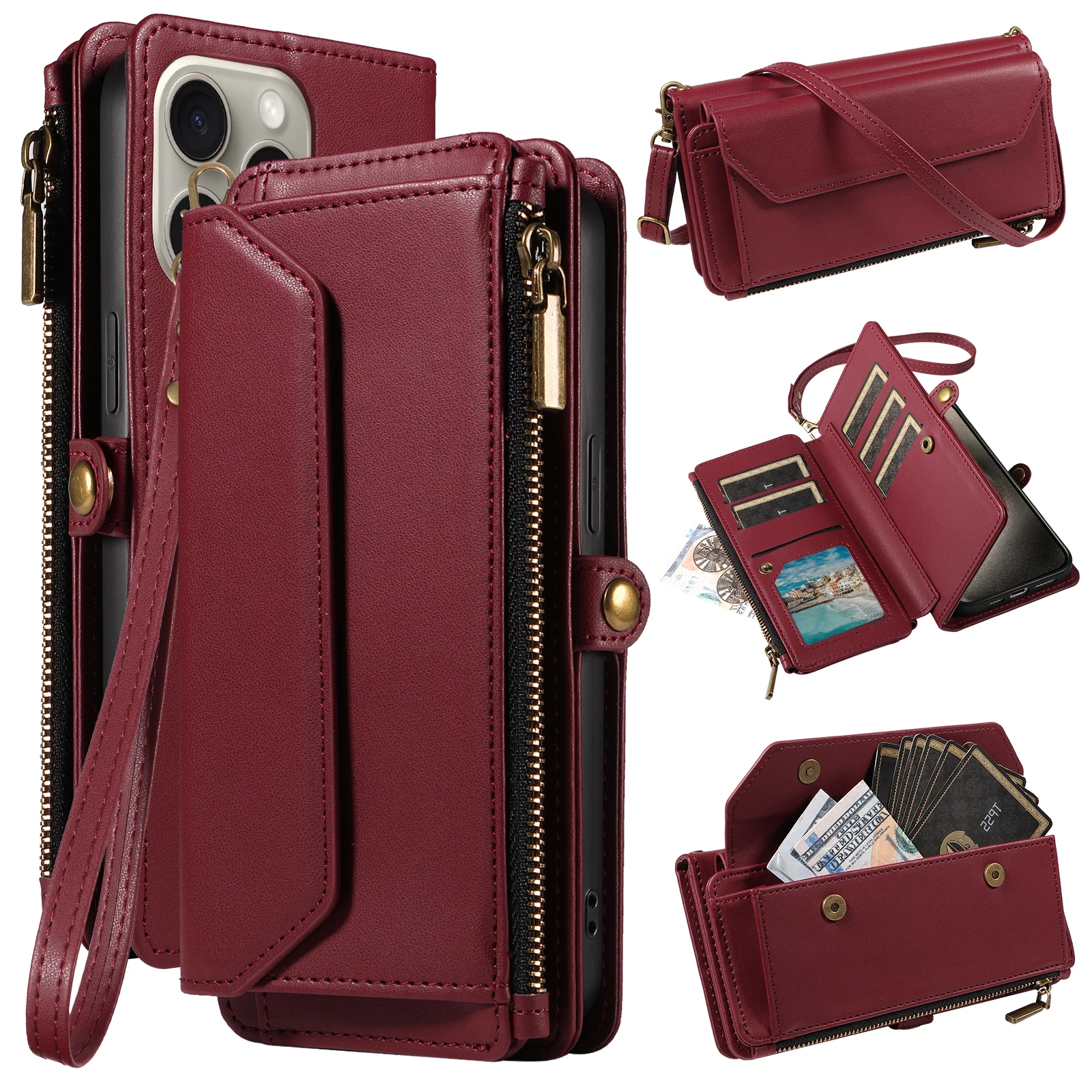 Handyhülle im Wallet-Stil mit mehreren Kartenfächern (langer Riemen + kurzer Riemen) für iPhone 17/16/15/14/13/12/11 Pro Max, Schutzset mit Münzfach, Umhängegurt, Anti-Fall-Kunstlederhülle – Detail 5