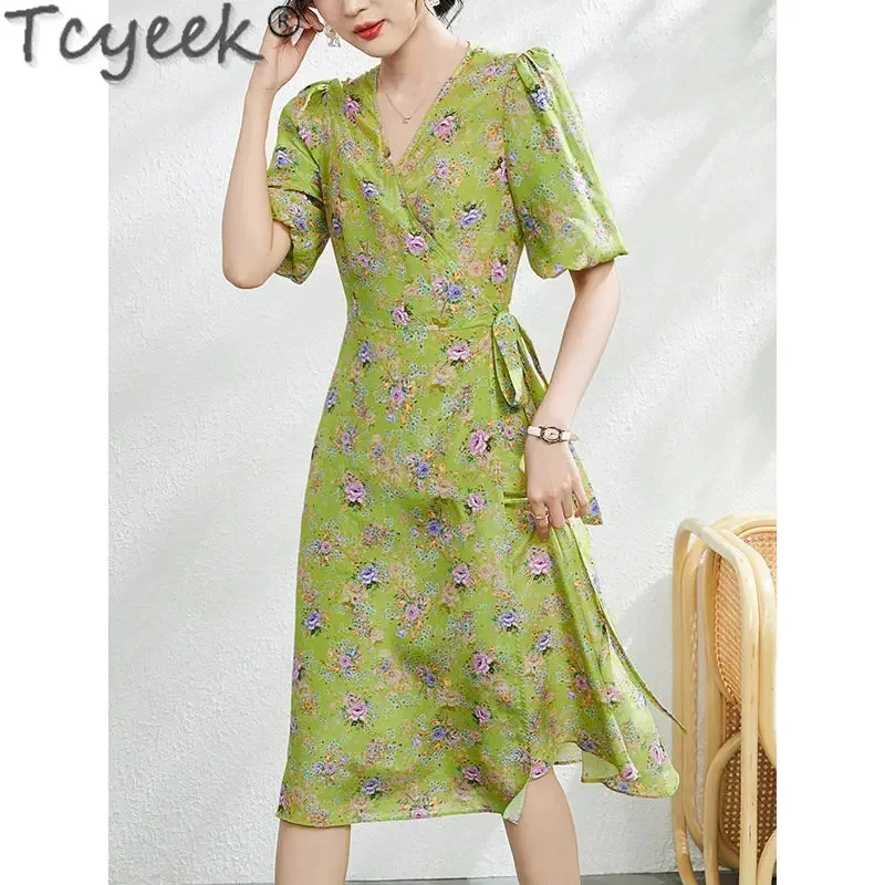 Elegant Tcyeek French Floral 23 Heavyweight 100% Mulberry Silk Clothing Female Summer Womens Dresses платье женское