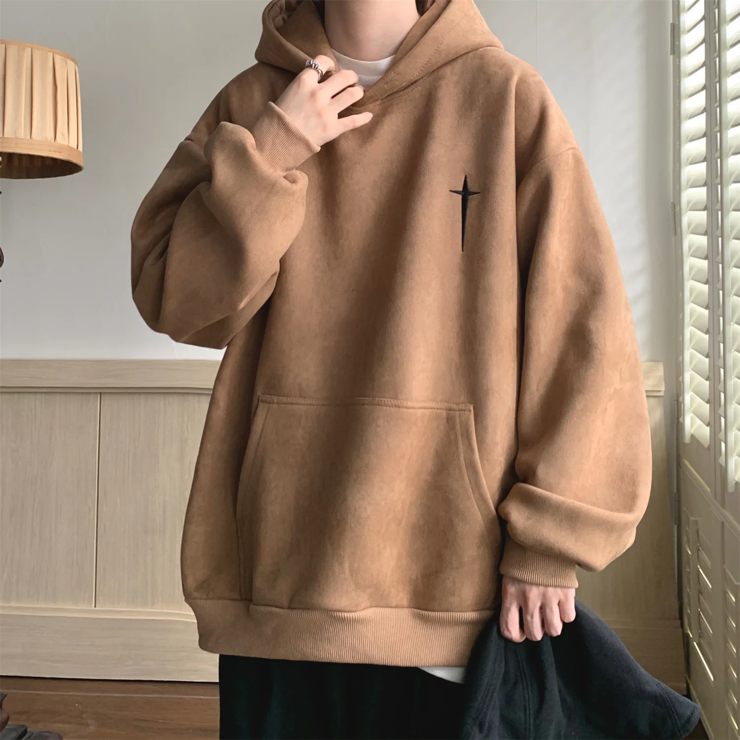

Retro American Hoodie Sweatirt Thiened Fce Lined Spor Loose Fit Men's Winter Clothing Trendy Spring Autumn Sle