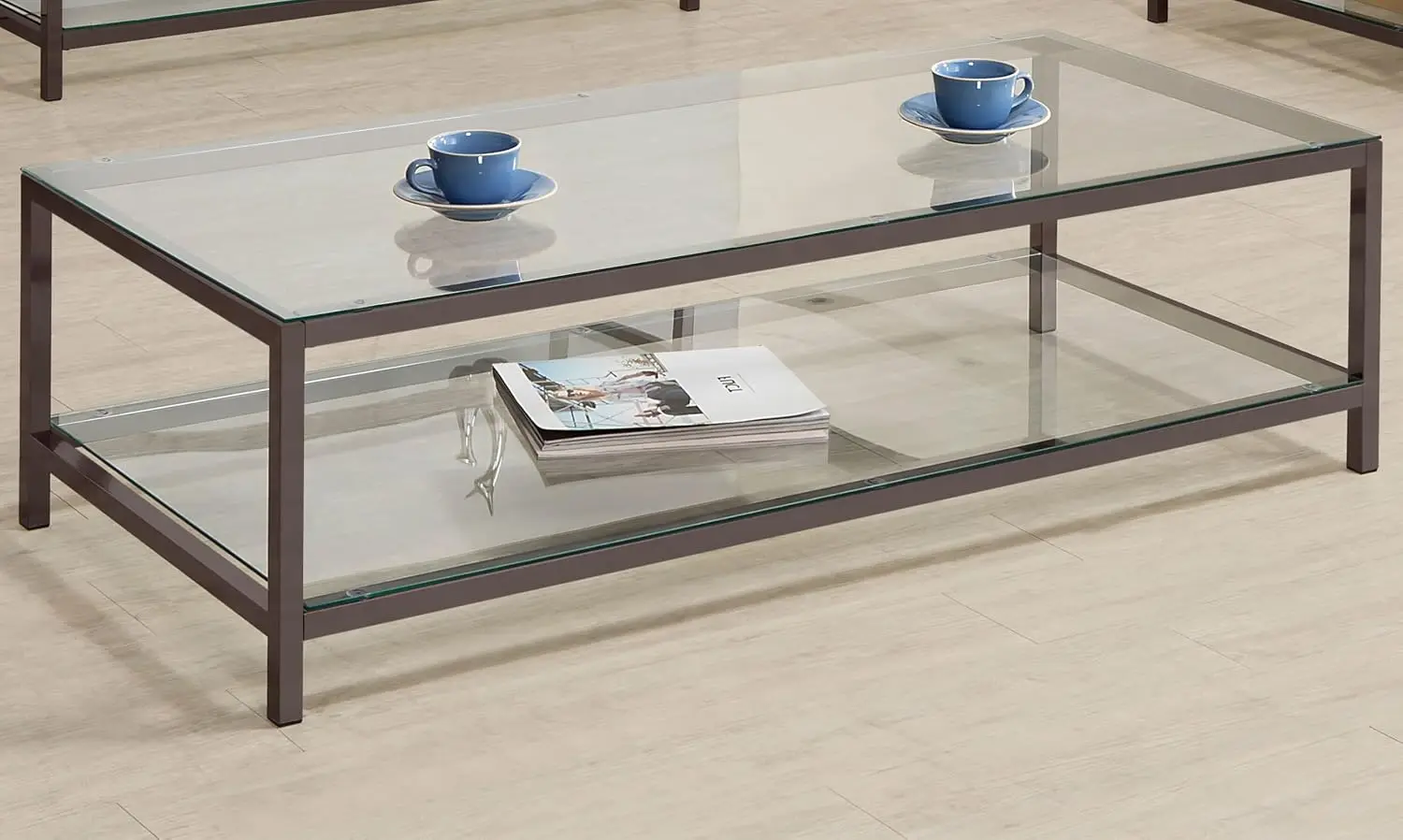 Rectangular Coffee Table With Metal Frame Clear Glass Lower Shelf Living Room 57 Inch Black Nickel, Customized