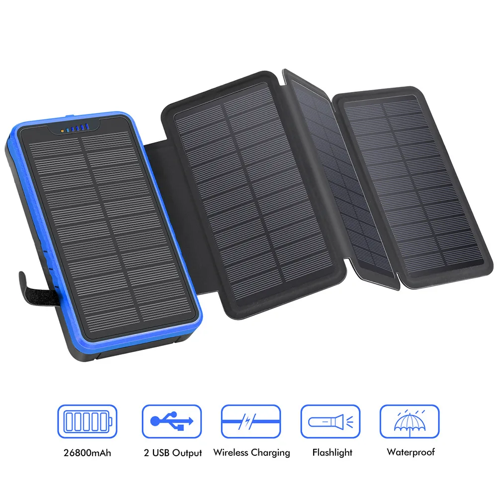 Foldable Solar Power Bank 26800mAh with 4 Solar Panel External Battery Charger Powerbank for iPhone Samsung S22 Xiaomi Poverbank