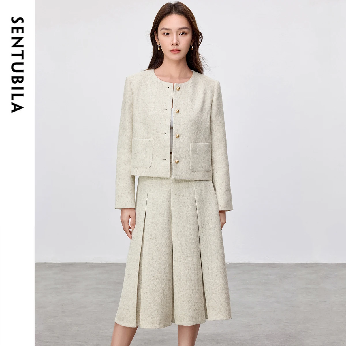 

SENTUBILA Women's Apricot Blazer Suit Set Autumn 2025 Elegant Short O-neck Button Blazer Femmes Pleated Midi Skirts 151Z80048Z