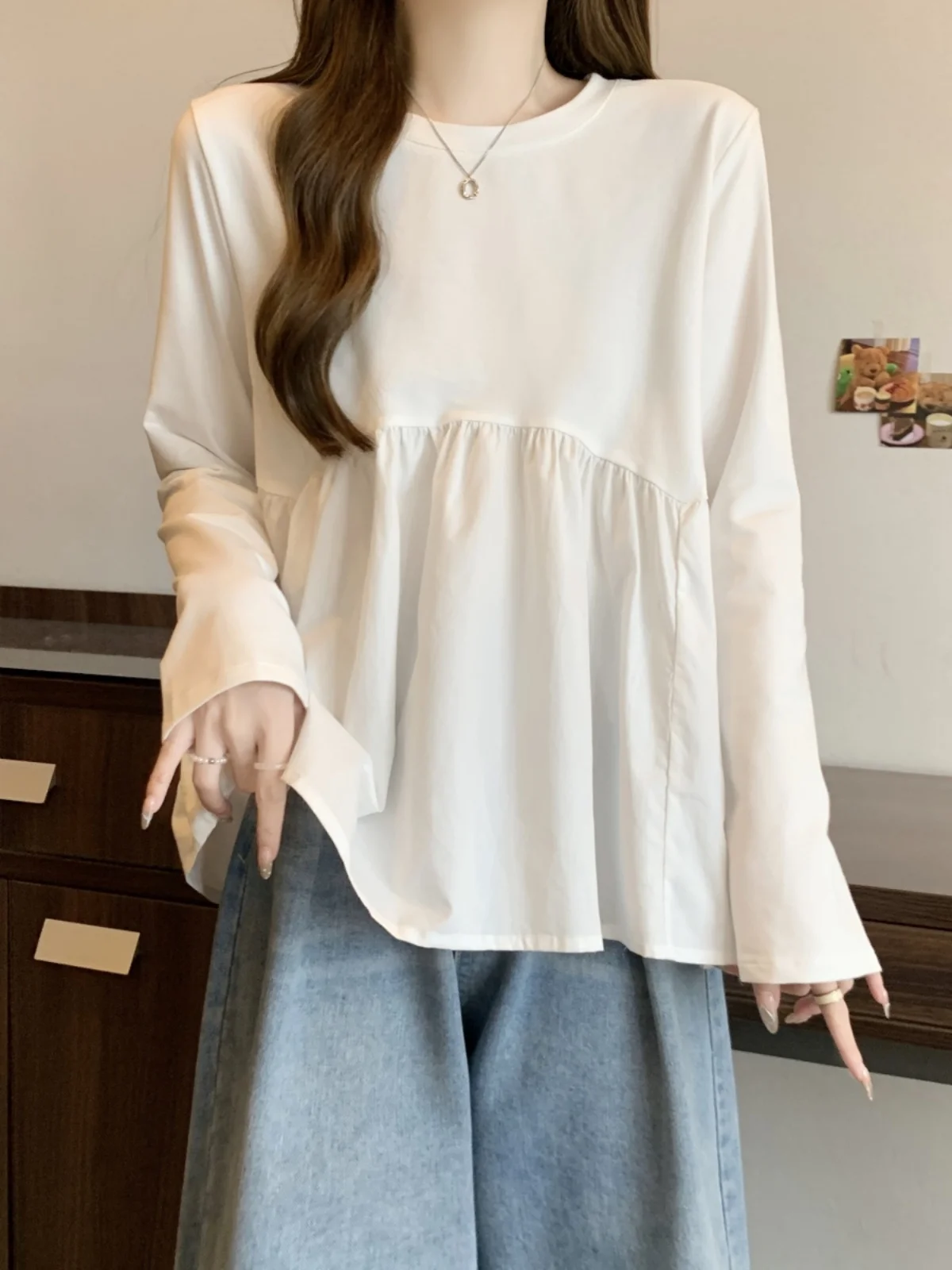 Loose Long Sleeve T-Shirt Women's Spring Autumn plus Size Conceal Belly Skirt Design Base Shirt Comfortable Casual Top