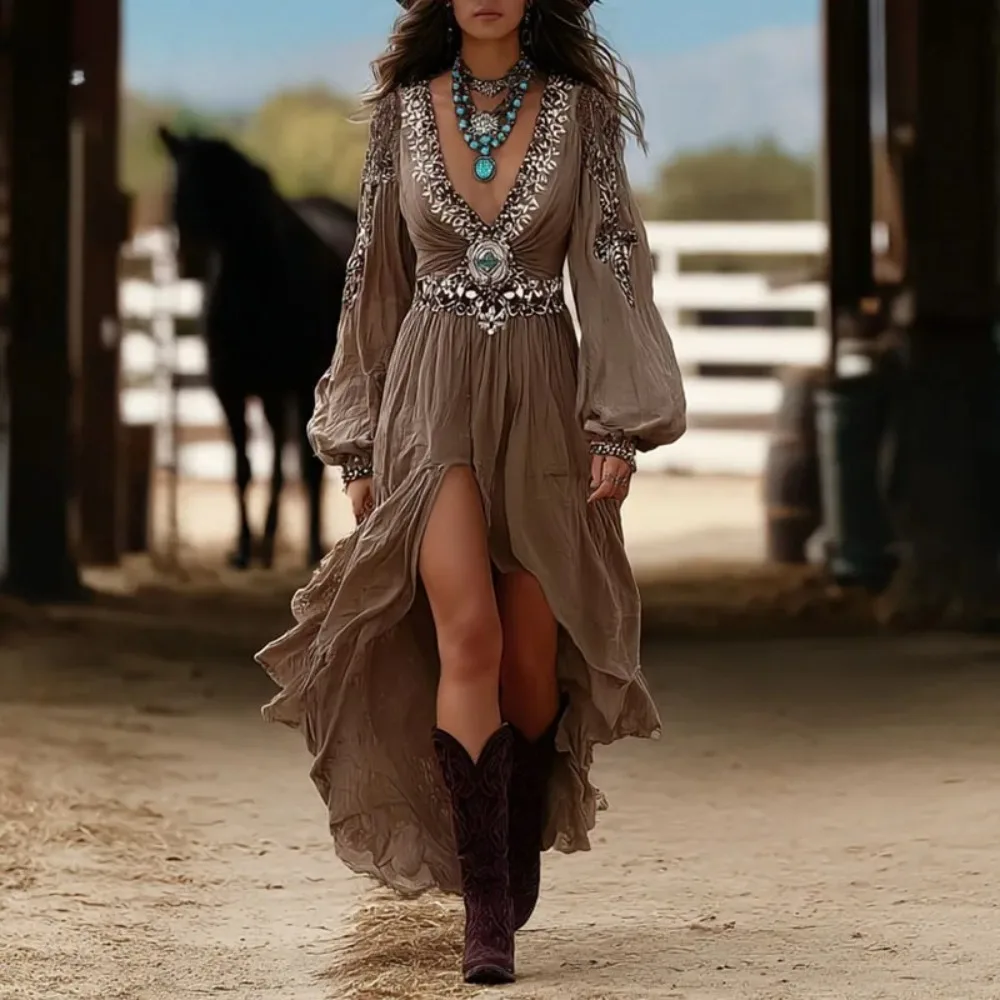 

Sexy V Neck Solid Pleated Womans Long Dress Retro Ethnic A-Line Lantem Sleeve Party Dress New Boho Print Irregular Party Dresses