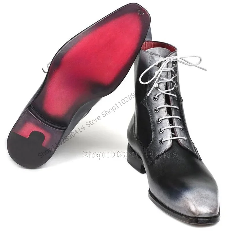Cinza preto dedo do pé quadrado meados de bezerro tiras botas masculinas moda rendas até sapatos masculinos de luxo artesanal festa tamanho grande sapatos masculinos