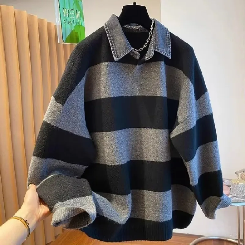 

Two Piece Denim Lapel Neck Tops Women 2025 Spring Autum New Loose Coat Women Y2k Long Sleeve Striped Sweaters Mujer