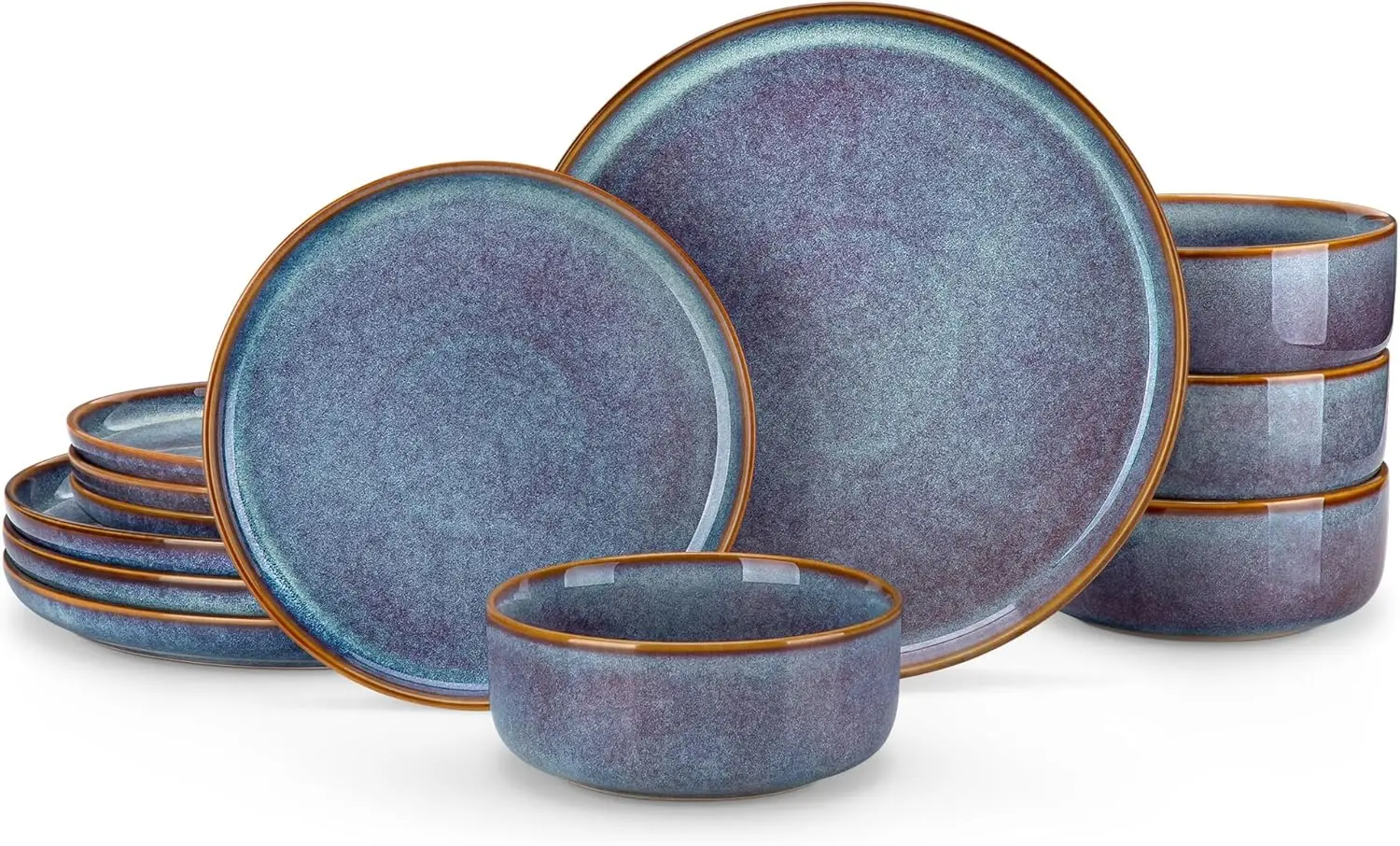 

12-Piece Grey-Blue Dinnerware Set for 4, Reactive Glaze Plates & Bowls, Dishwasher & Microwave Safe