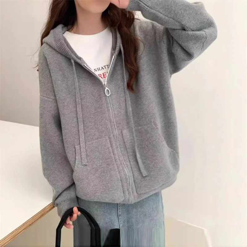 秋冬新韓国語バージョン緩い怠惰な風フード付きセーターニットカーディガンカジュアルソフトワックス状ジッパーセーター女性のコート