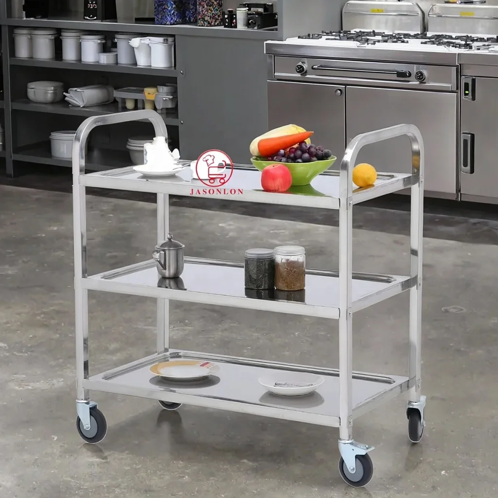 

Catering Equipment 3 Tier Stainless Steel Heavy-Duty 80-150kg Load Capacity Food Service Trolley Casters for Hotel Commercial