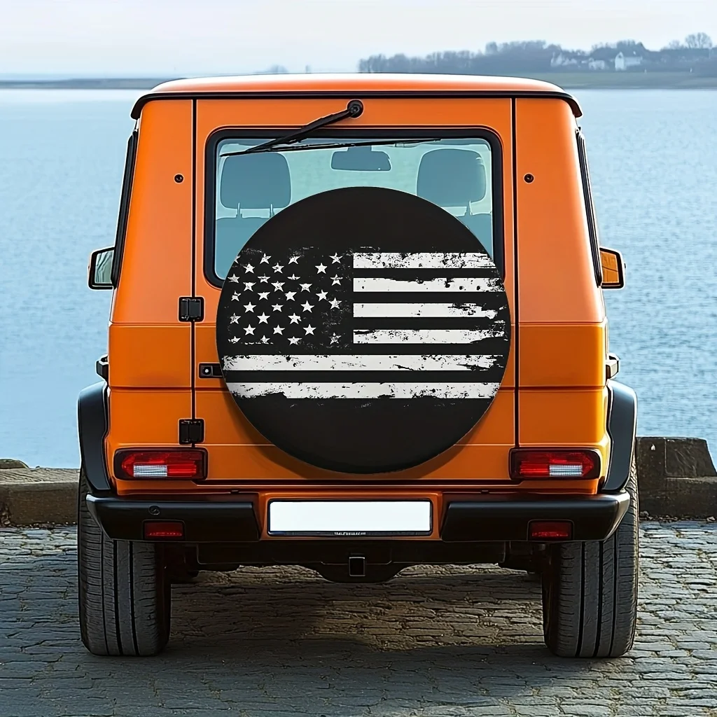 Capa de pneu de carro com bandeira americana patriótica, poliéster adequado, aparência escovada angustiada com design de estrelas e listras, fundo preto, 1 peça