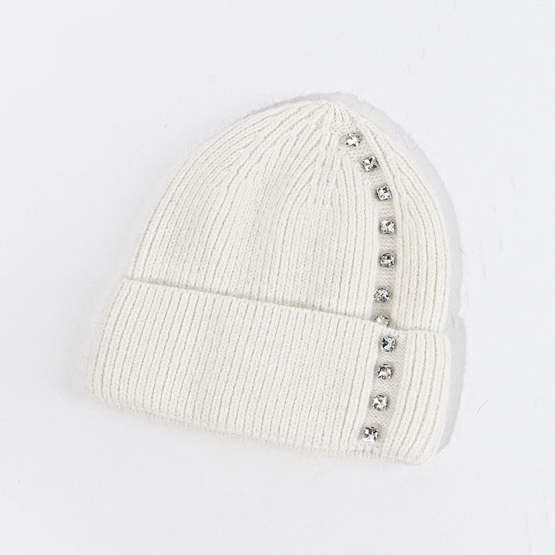 Angora Hat Rhinestone Women Winter Knit Beanie Autumn Warm Solid Color Skiing Accessory For Sports Outdoor Holiday