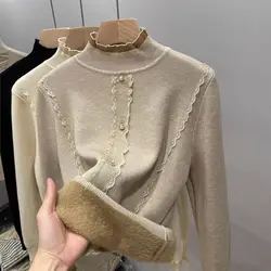 Velvet Semi High Neck Sweater for Women 2024 Autumn and Winter New Item Lace Thickened Knitted Western-style Base Sweater