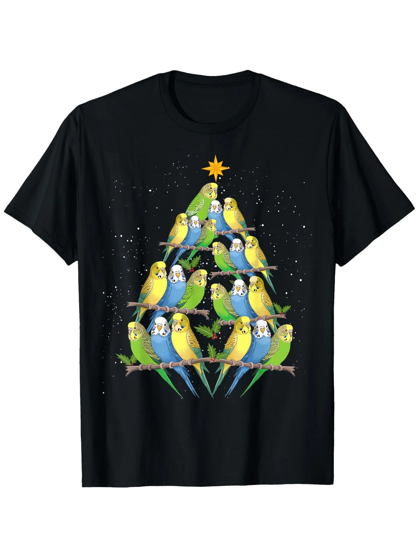 

Budgie Parrot Christmas Tree Graphic Tee Men Unisex Short Sleeve T-Shirt Festive Holiday Casual