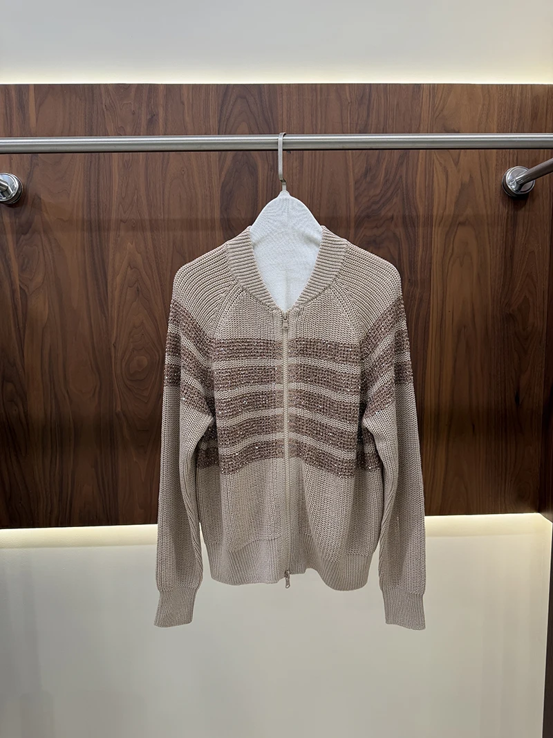Women Sparkle Sequin Stripe Knit Zip Cardigan V Neck Color Block Loose Fit Long Sleeve Sweater Coat