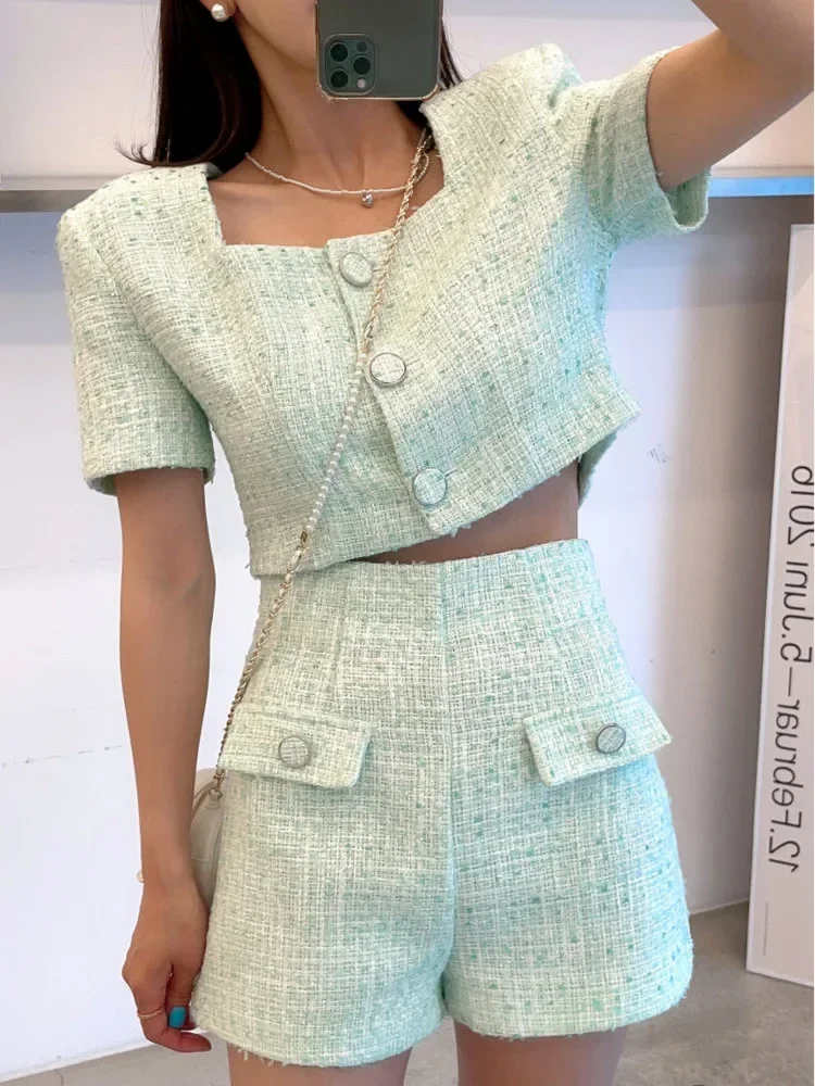 Vintage Tweed Sets Short Sleeve Single-breasted Crop Top Shots Two Piece Set Women High Quality Korean Jacket Short Pants Suits