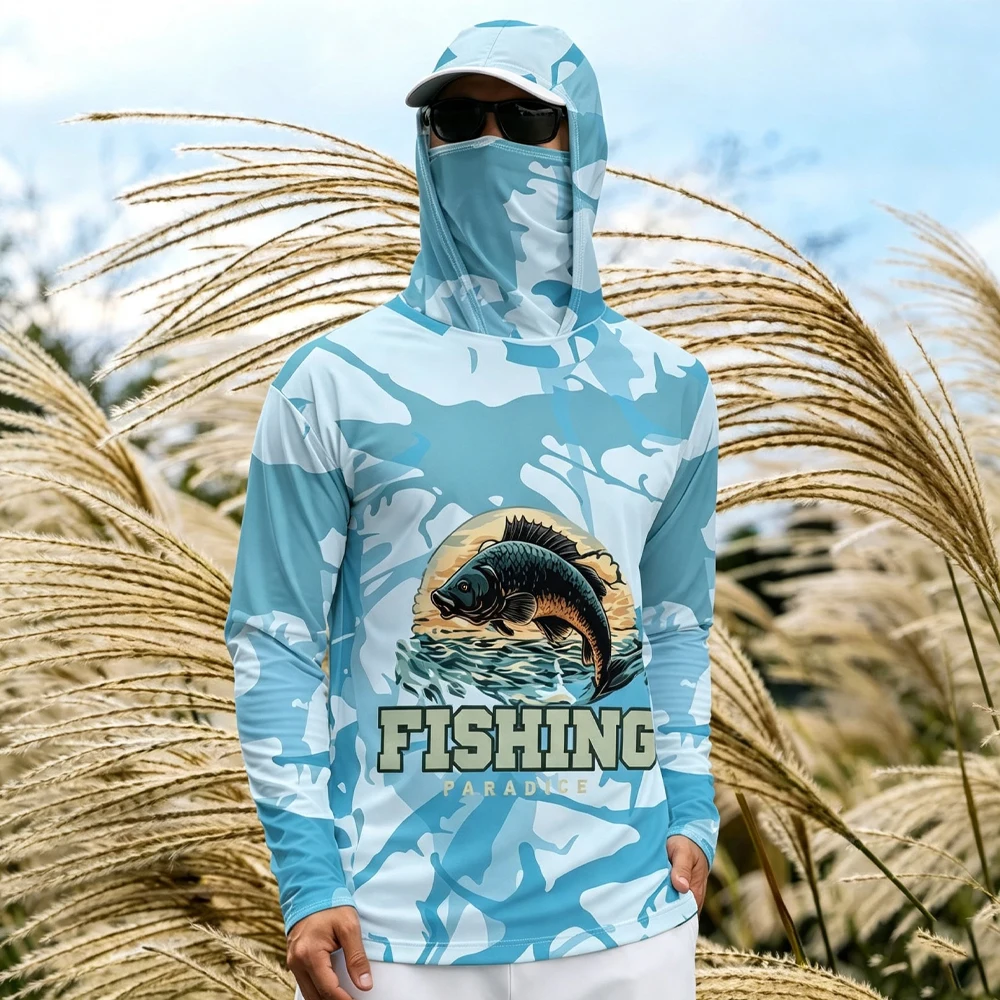 Men UPF Fishing Hooded Shirt With Face Cover Mask Long Sleeve Quick Dry Sun Protection Anti‑UV Fisherman Jersey Fishing Apparel