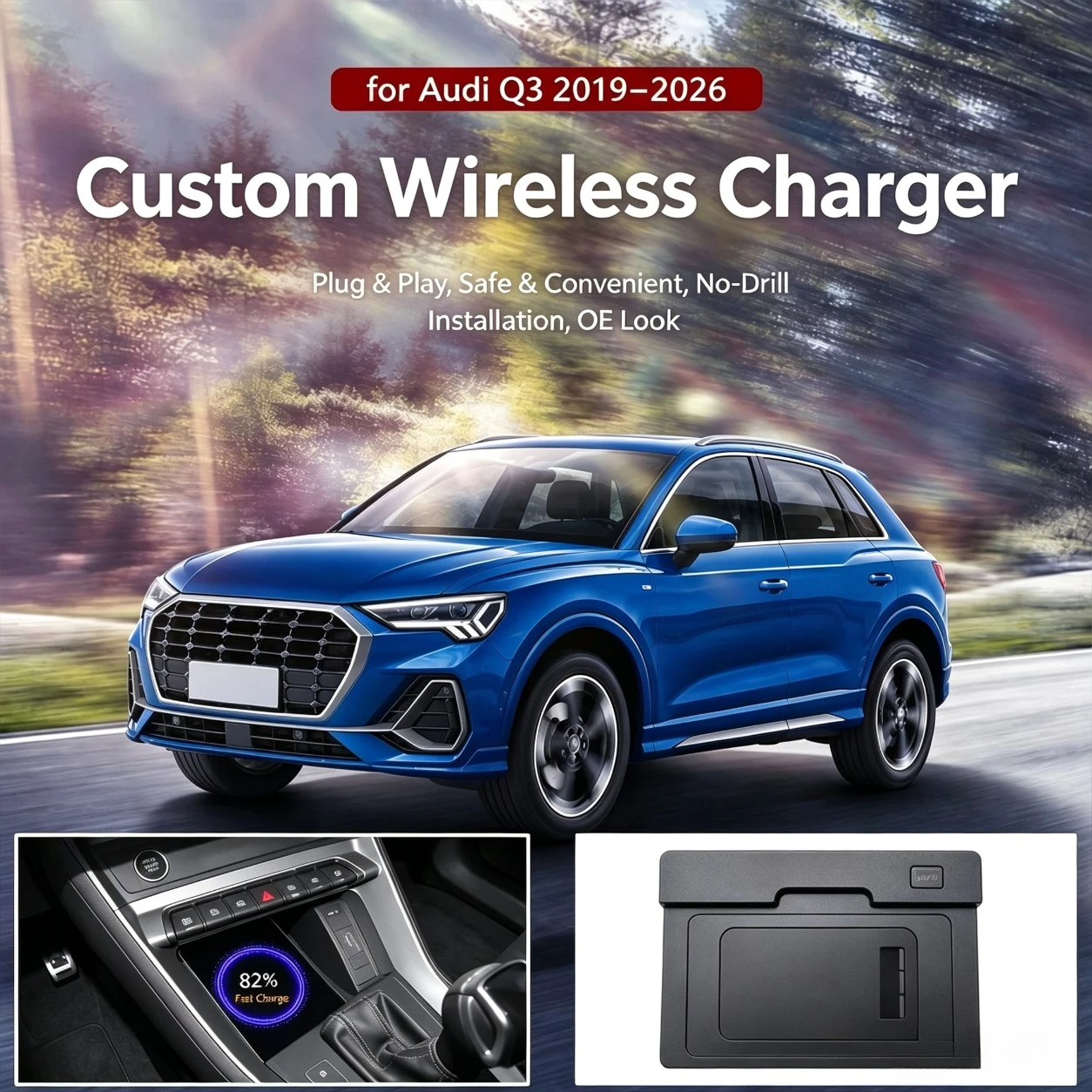 For Audi Q3 RS3 2019-2026 Wireless Onboard Car Charging Pad Center Console 50W for Android Mobile Phone Wireless Fast Charger