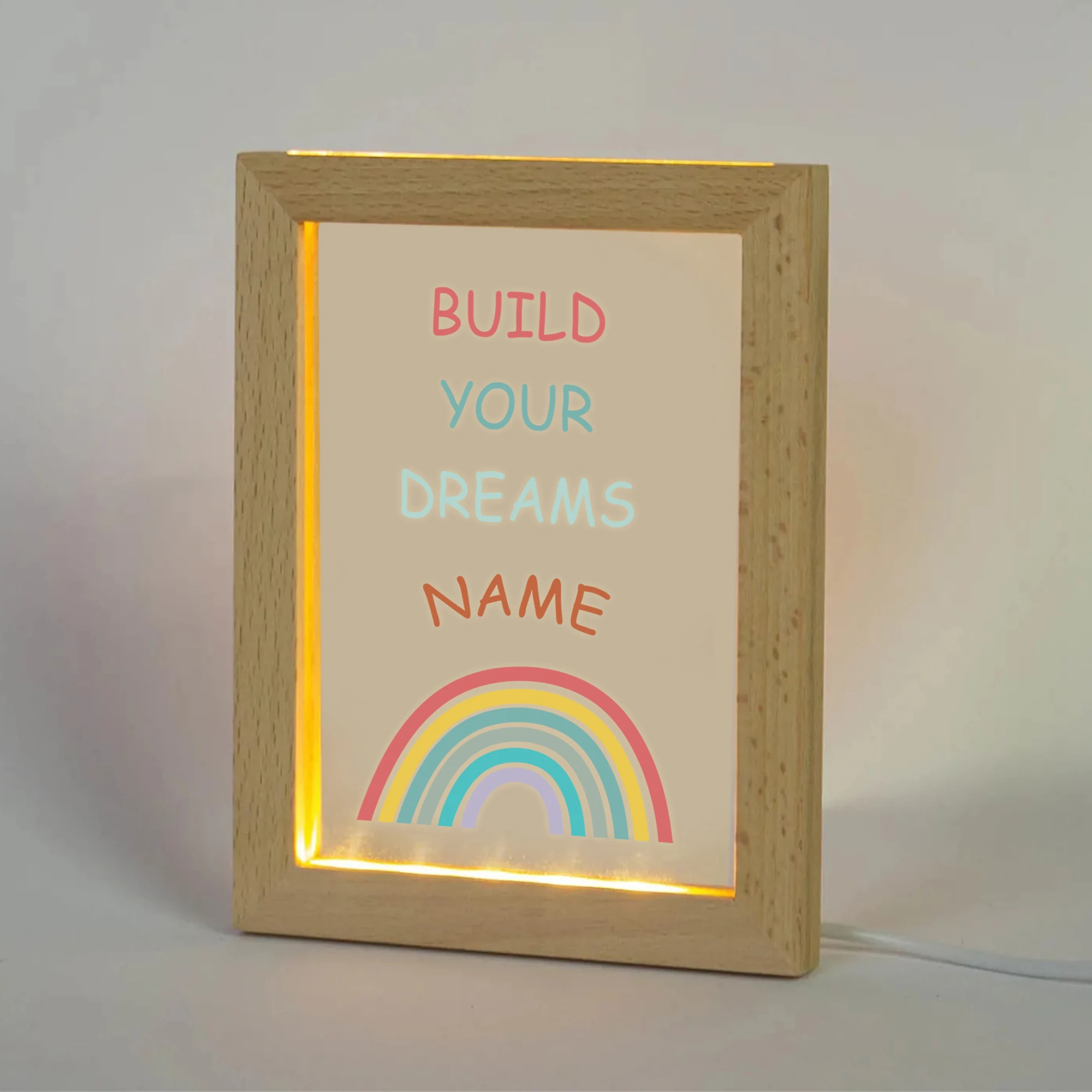 2d plana nome personalizado arco-íris led acrílico luz noturna moldura de madeira 21x17cm dos desenhos animados presentes do quarto das crianças decoração de casa