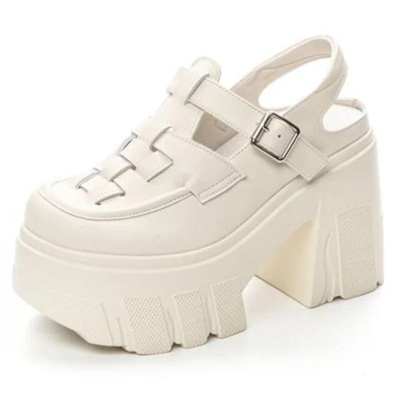 Krasovki 11cm Weave Patent Genuine Leather Ankle Boots Mary Jane Buckle Platform Chunky Heels Breathable Pumps Summer Shoes image 6