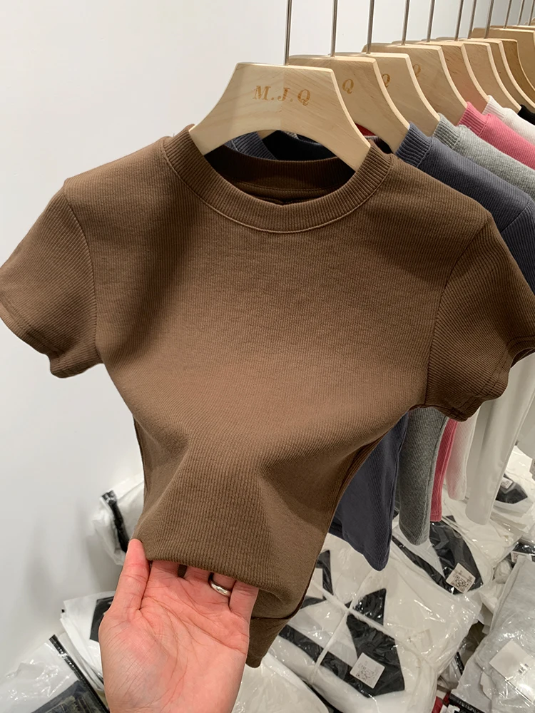 Slim Fit Short Sleeve round Neck Knitted T-Shirt Women's Summer Fashion Base Layer Top Euro Style Commute Style Cotton Blend