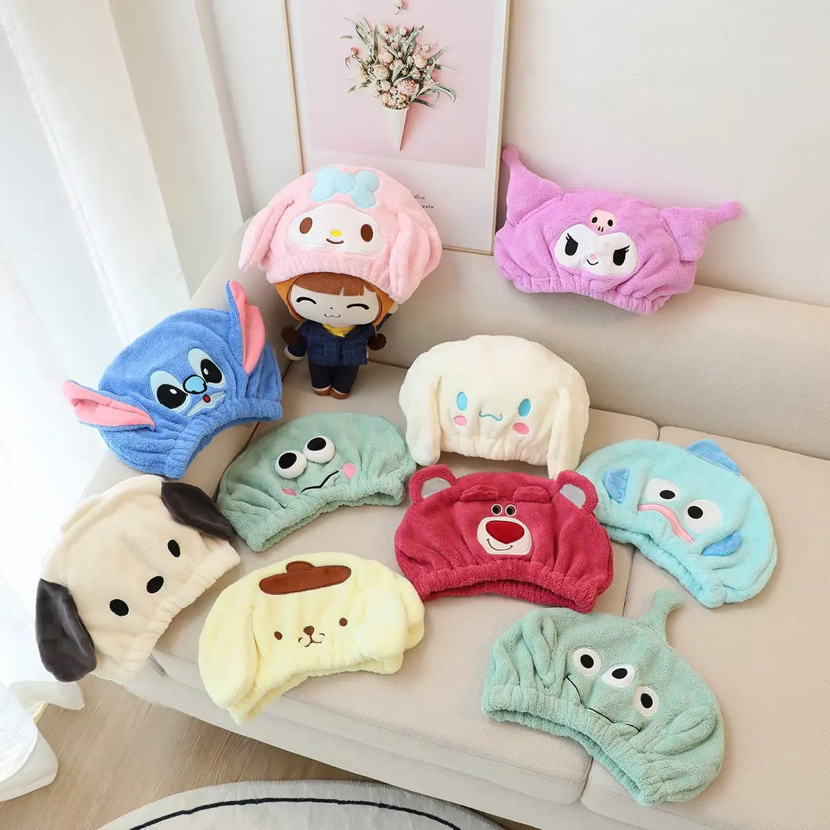 Sanrio Kuromi Girl Heart Dry Hair Towel Shower Cap Disney Stitch Absorbent Hair Wrap Cute Pochacco Women Bathroom Accessories