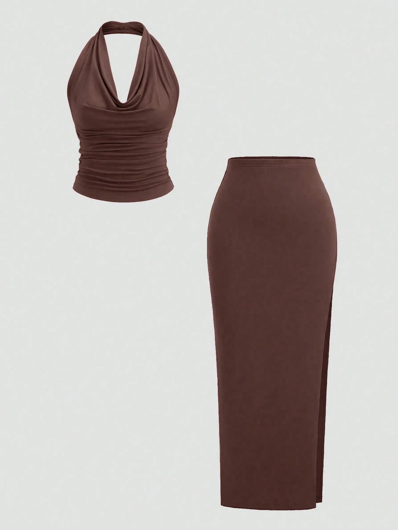 New Fashionable and Elegant Hanging Neck Top+Split Simple Solid Half Skirt Set