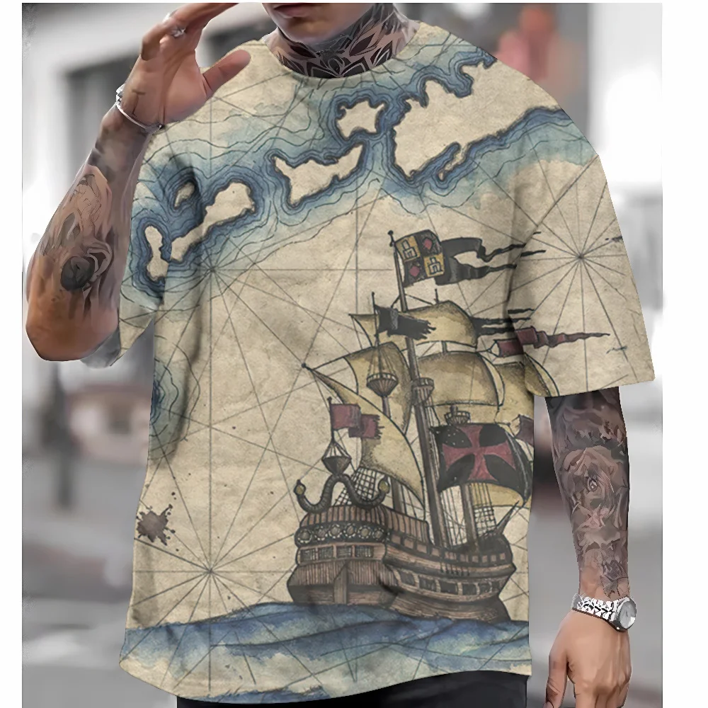 Vintage Men's Tops Nautical Pattern T-Shirt Casual Summer Short Sleeved Tees Quick Drying Loose Oversized Clothing Harajuku Tops