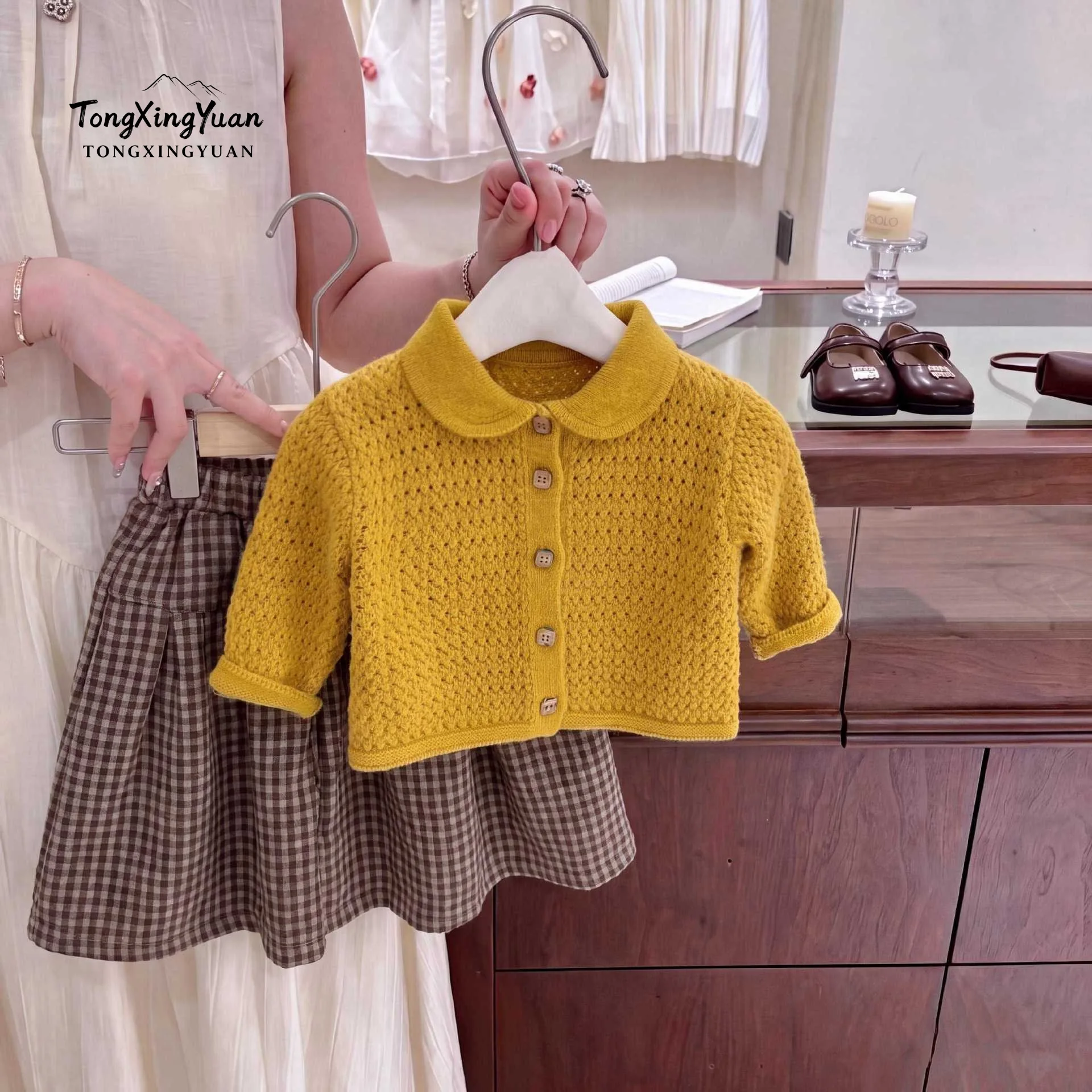 Girls' Set Spring Autumn Winter 2026 New Korean Baby Treasure Hollow Sweater Orange Cardigan Retro Checkered Wide Leg Pants