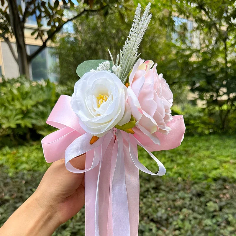 1pc Rose Rearview Mirror Flower Present Ribbon Light House Decorations Wedding Car Bride Props Artificial Rose Flower Swag