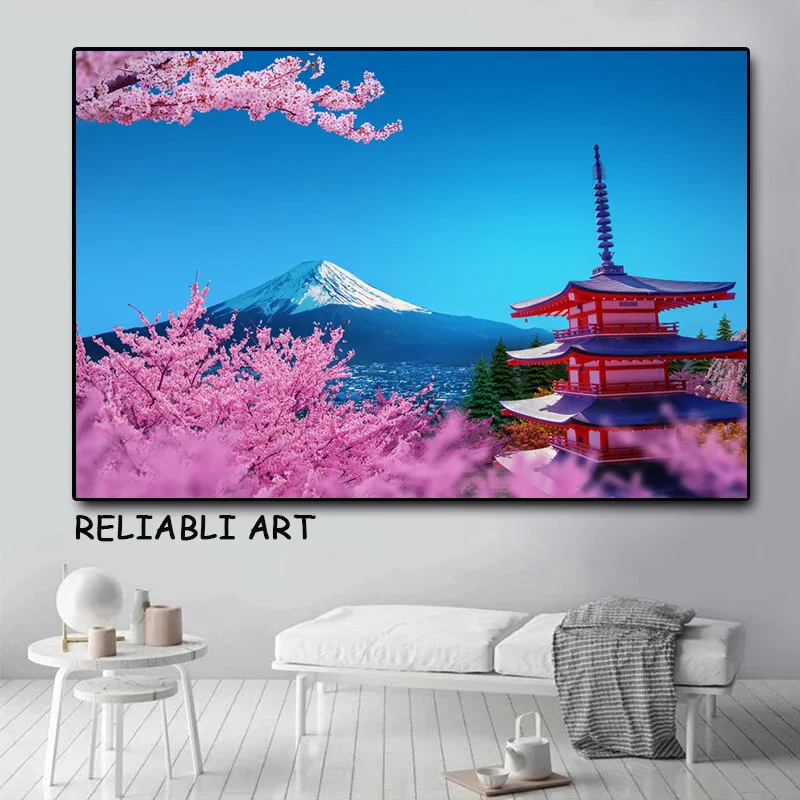 Nature Sakura Mount Fuji Landscape Posters and Prints Canvas Painting Wall Art Pictures for Living Home Room Decor No Frame