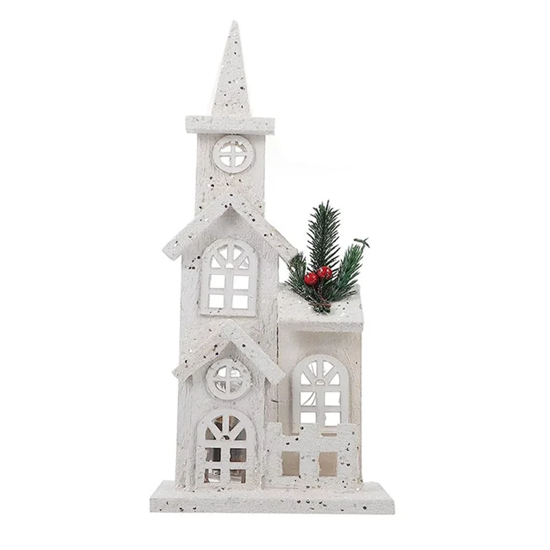 Christmas Wood Village Christmas LED Church Light House Snow Scene Xmas Decorations for Christmas Desktop Ornament