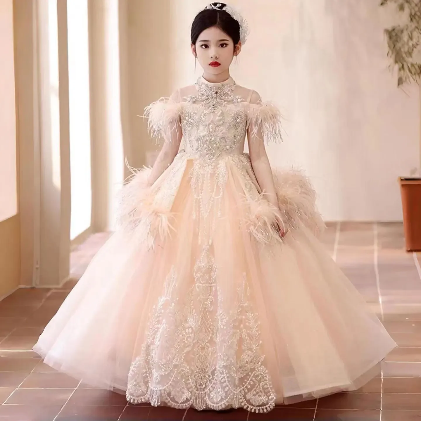 Luxe roze Dubai meisje jurk kralen veren Arabische prinses kinderen bruiloft verjaardagsfeestje lange baljurk 2025