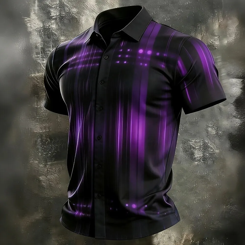 

Men's Striped Gradient Abstract 3D Print Shirt, Short Sleeve Collared Tops, Casual Streetwear Vacation Wear for Spring & Summer