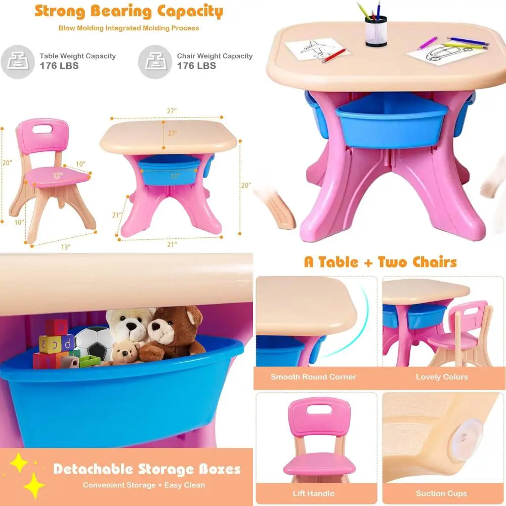 3-Piece Pink Toddler Activity Table Set with Storage Bins and Chairs for Play and Learning