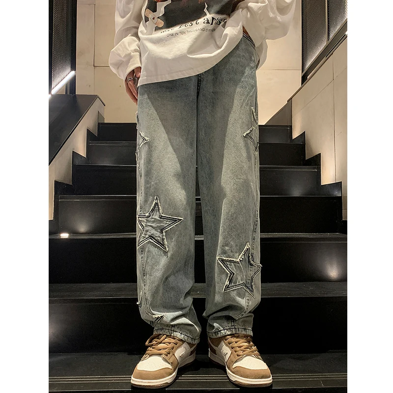 Y2K Vintage Men Korean Blue Streetwear Oversize Star Aesthetic Straight Trousers Wide Leg Jeans Grunge Denim Pants Women Clothes