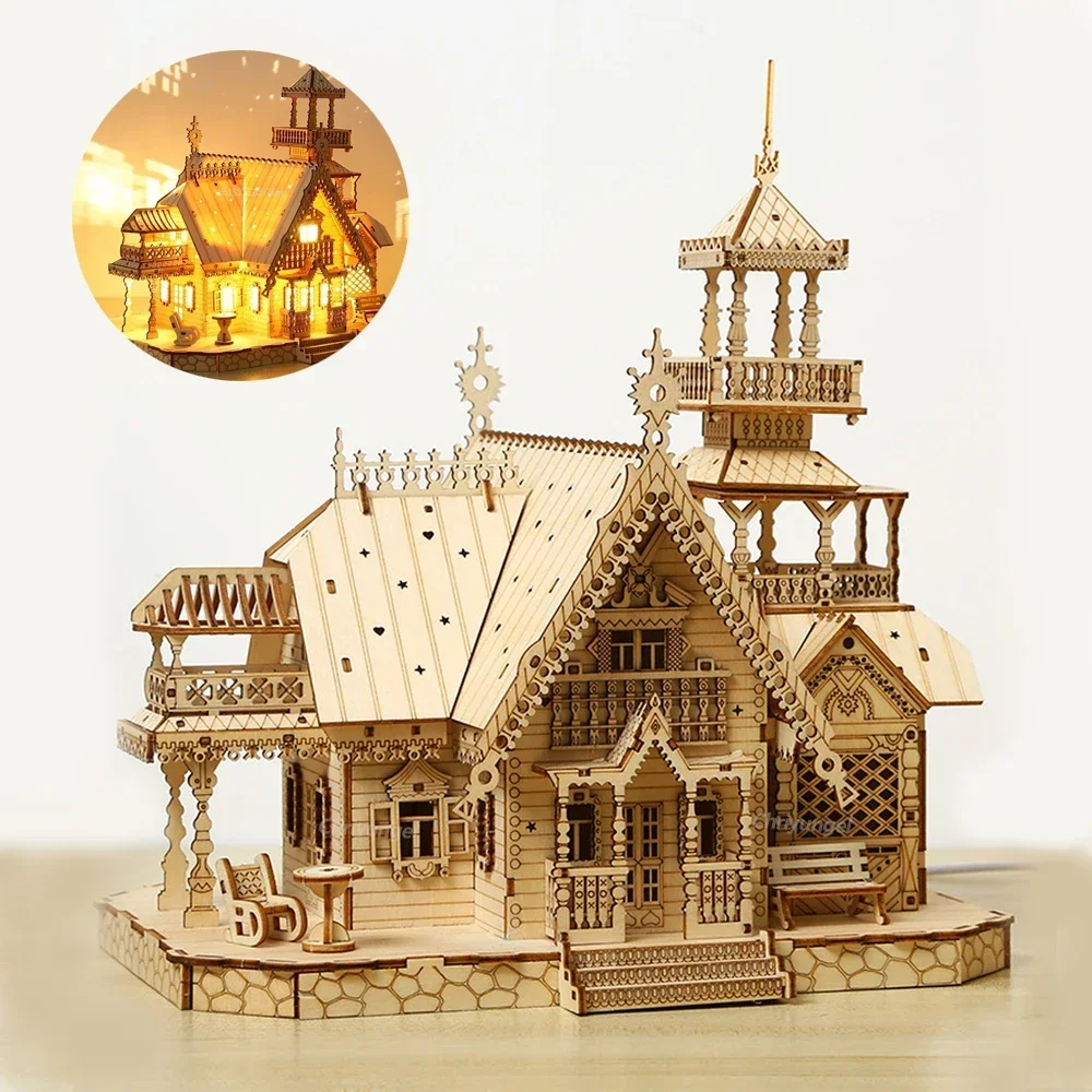 DIY Villa 3D Houten Model Kit met Licht Kasteel Puzzels Montage Speelgoed Kind Volwassen DIY Model Kits Bureau Decoratie voor Cadeau