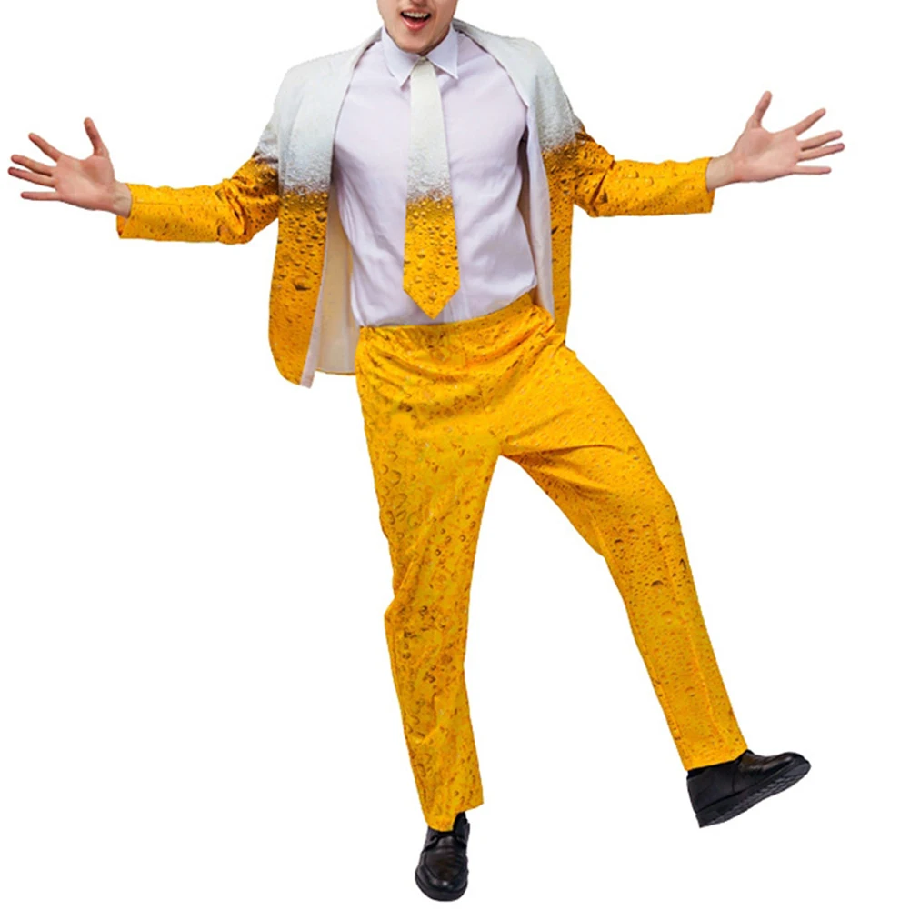 Oktoberfest Suit for Men, Funny Humour Beer Costume Set, Yellow Jacket Pants, Lapel Neckline, Casual Style, Slight Stretch