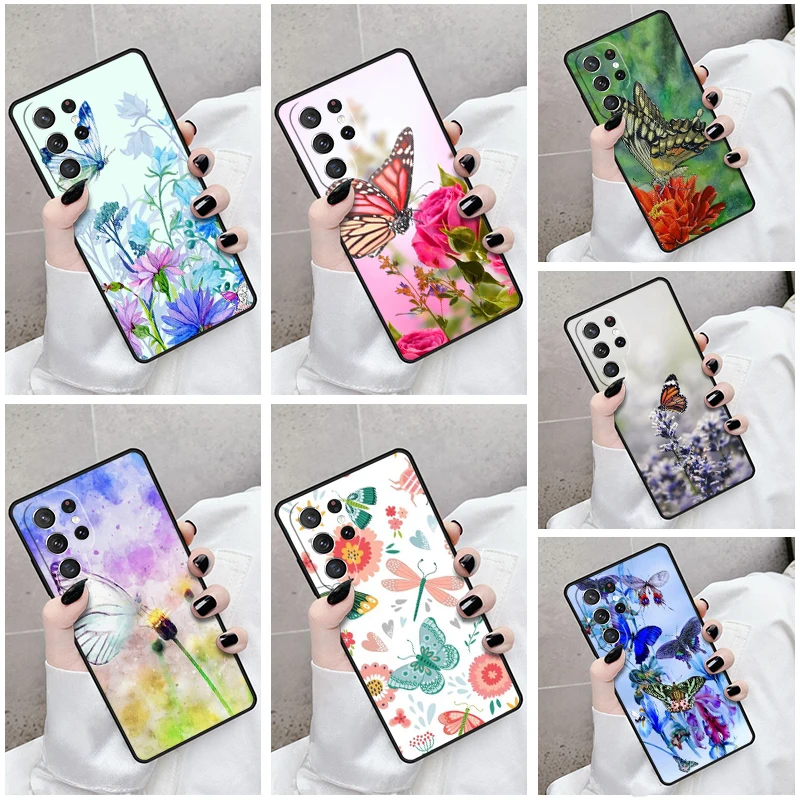 Phone Case For Samsung Galaxy S24 S23 S21fe S22 Ultra Plus Note 10 20 S8 S9 S10 Cover Butterfly Flower Insect Art