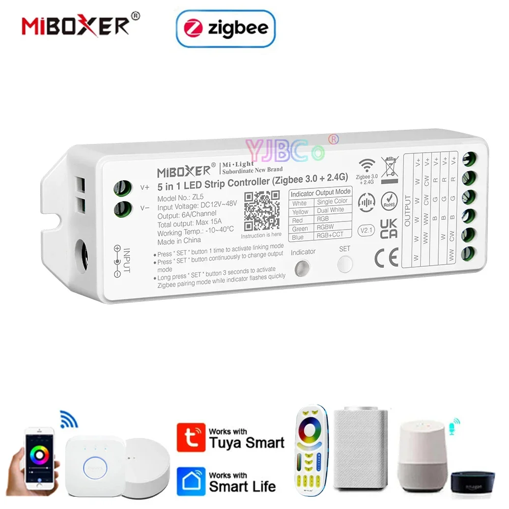 

MiBoxer Zigbee 3.0 5 in 1 LED Strip Controller ZL5 DC12-48V 2.4G RF Support Alexa Google Home APP Voice Remote 2.4G Control