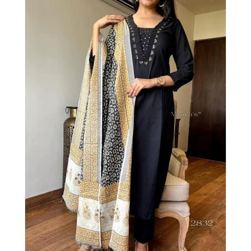 

Black Color Women Designer Kurti Palazzo Dupatta Indian Handmade Salwar Kameez