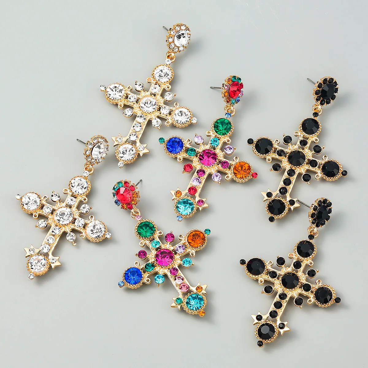 Fashion Metal Rhinestone Cross Religious Earrings Women\'s Creative Exaggerated Dangle Earrings Banquet Jewelry Accessories