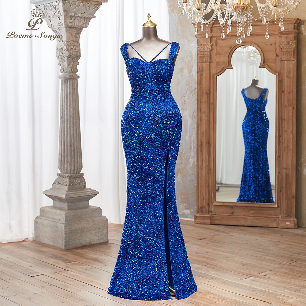 PoemsSongs Eye-catching Royal Blue Women's Sequin Sleeveless Mermaid Evening Dress with Slit vestidos de fiestas elegantes mujer