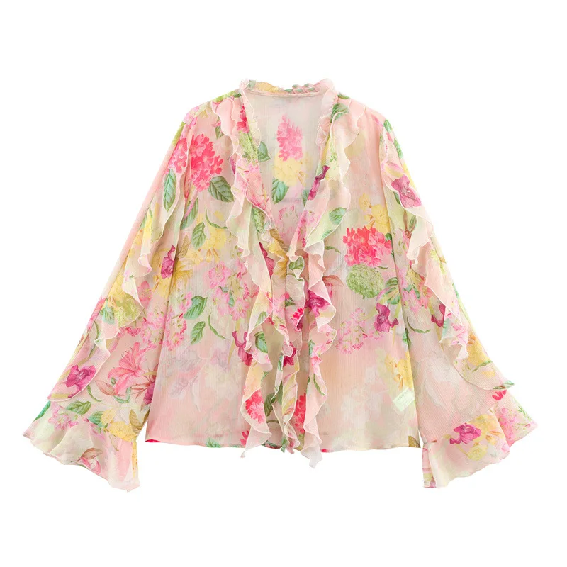 2026 New Fashion Casual Design Shirt Top Pink Floral Print Ruffled Blouse V Neck Long Sleeve Chiffon Top With Ruffle Trim SVFZ