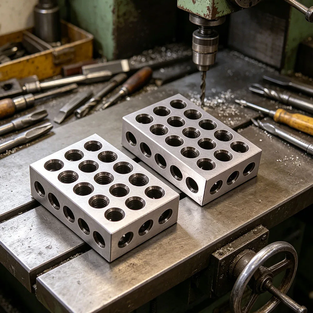 Steel Blocks 1x2x3 Inch Matched Pair Accuracy Ground with 23 Holes for Positioning in Metalworking and Woodworking