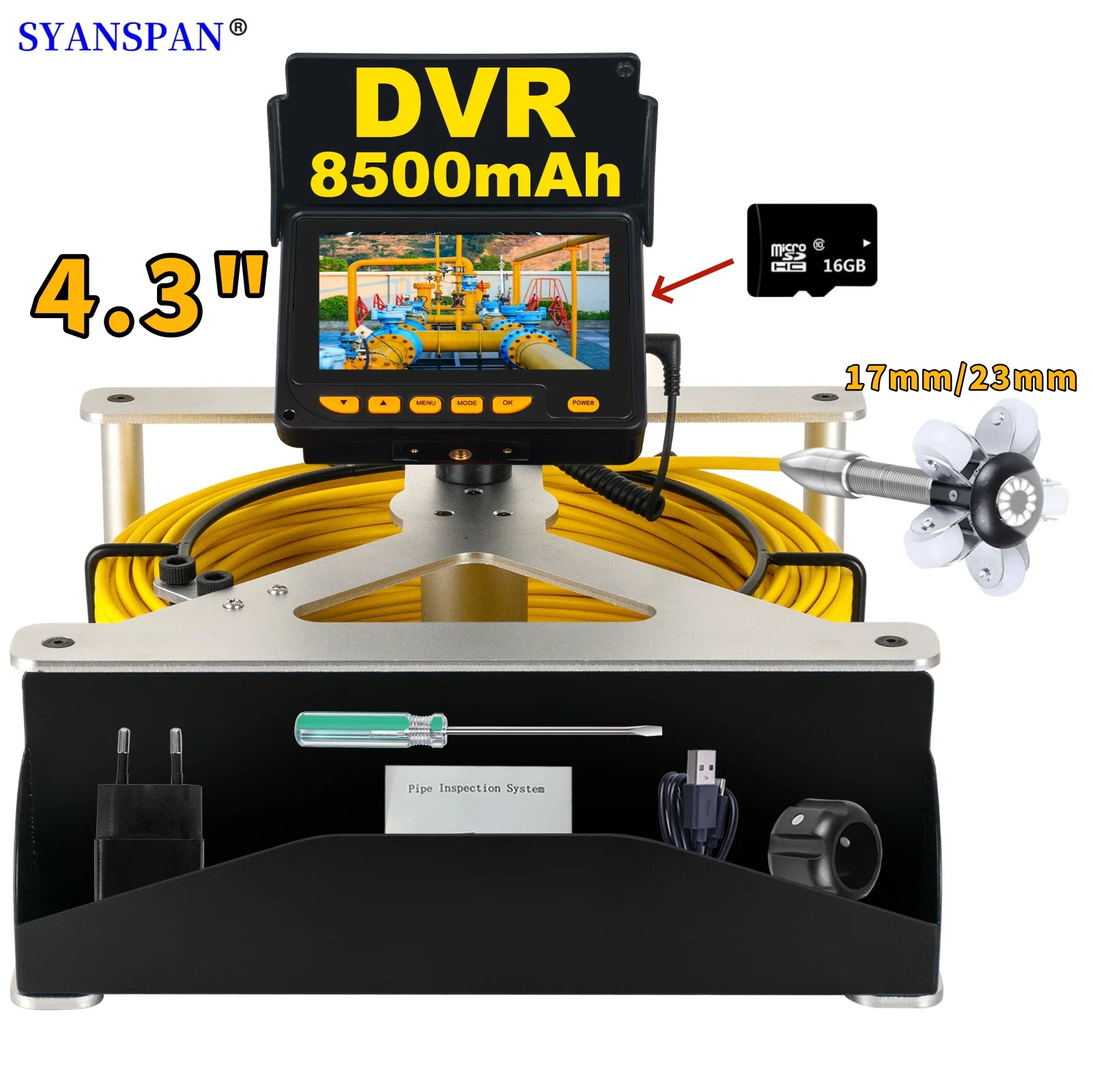 Kamera inspekcyjna do rur kanalizacyjnych DVR 16 GB nagrywanie wideo, endoskop przemysłowy SYANSPAN Drain wodoodporny akumulator 8500MHA 20/30/50M