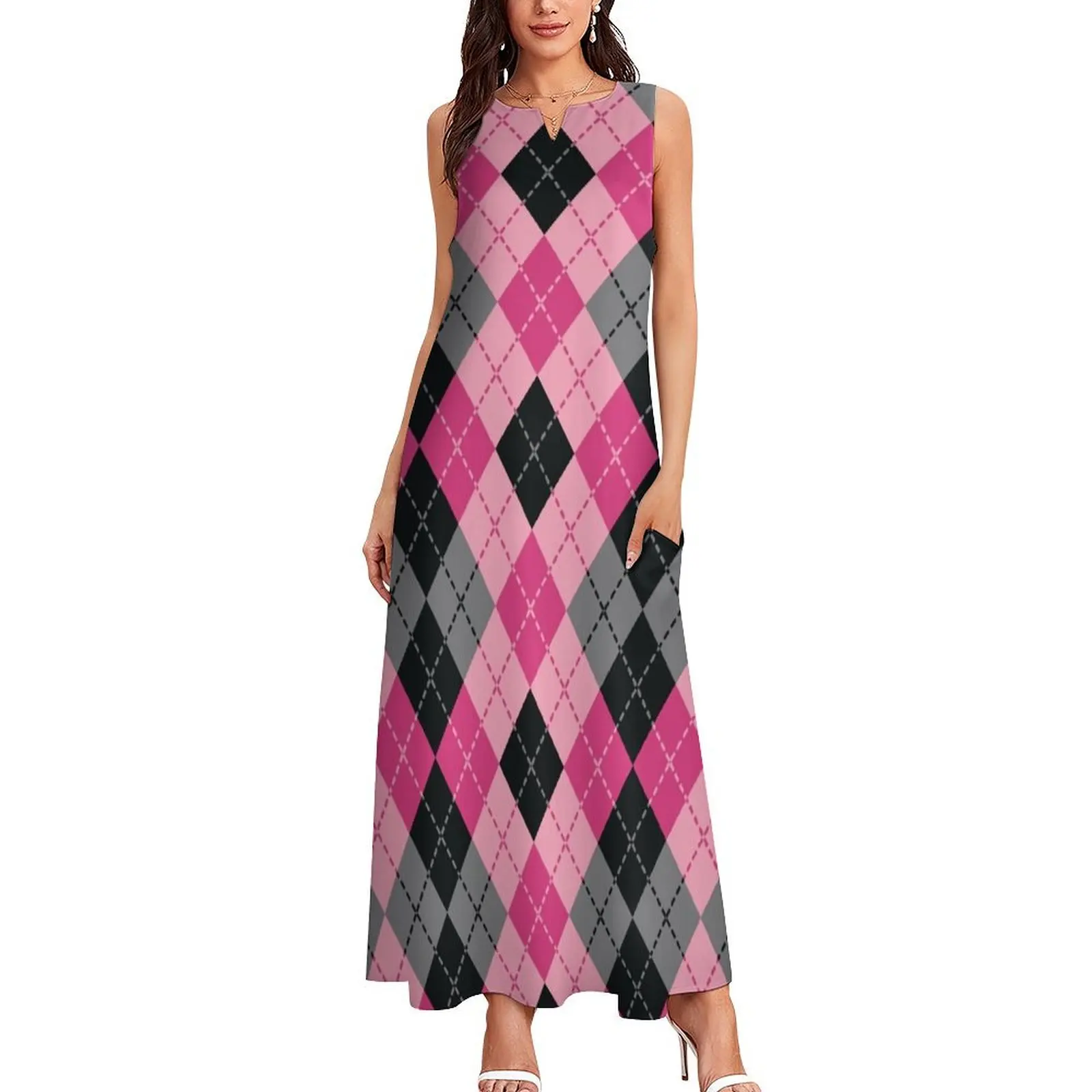 Pink and Black Dashed Argyle Long Dress Prom gown beach outfits for women Women