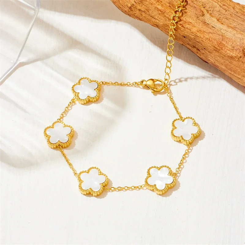 Adjustable Gold-Plated Stainless Steel Plant Flower Bracelet With Five Leaf Petals Women's Luxury Gifts Clover