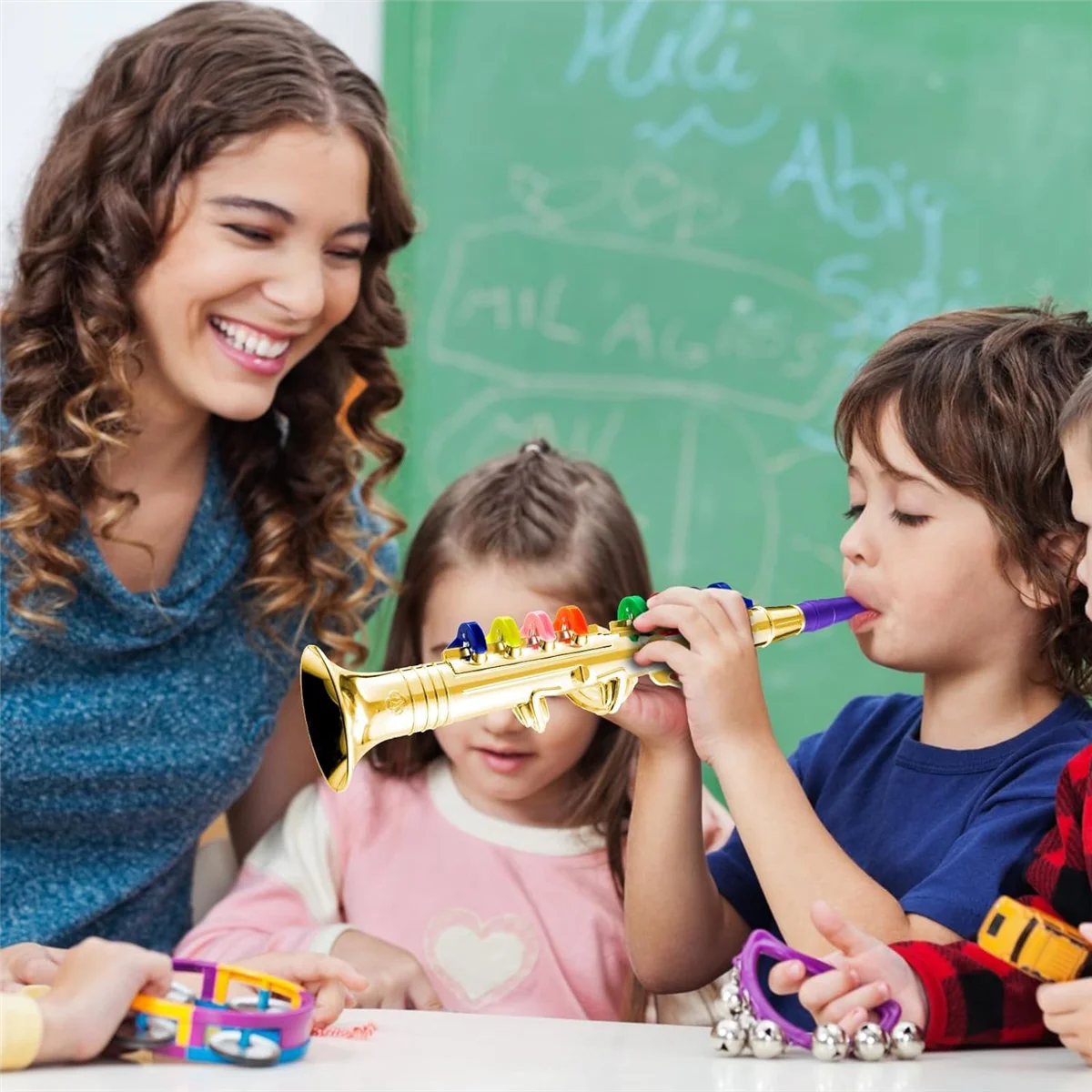 Juego de 2 instrumentos musicales, trompeta y saxofón, clarinete portátil con llaves de colores, juguete educativo para la escuela en casa