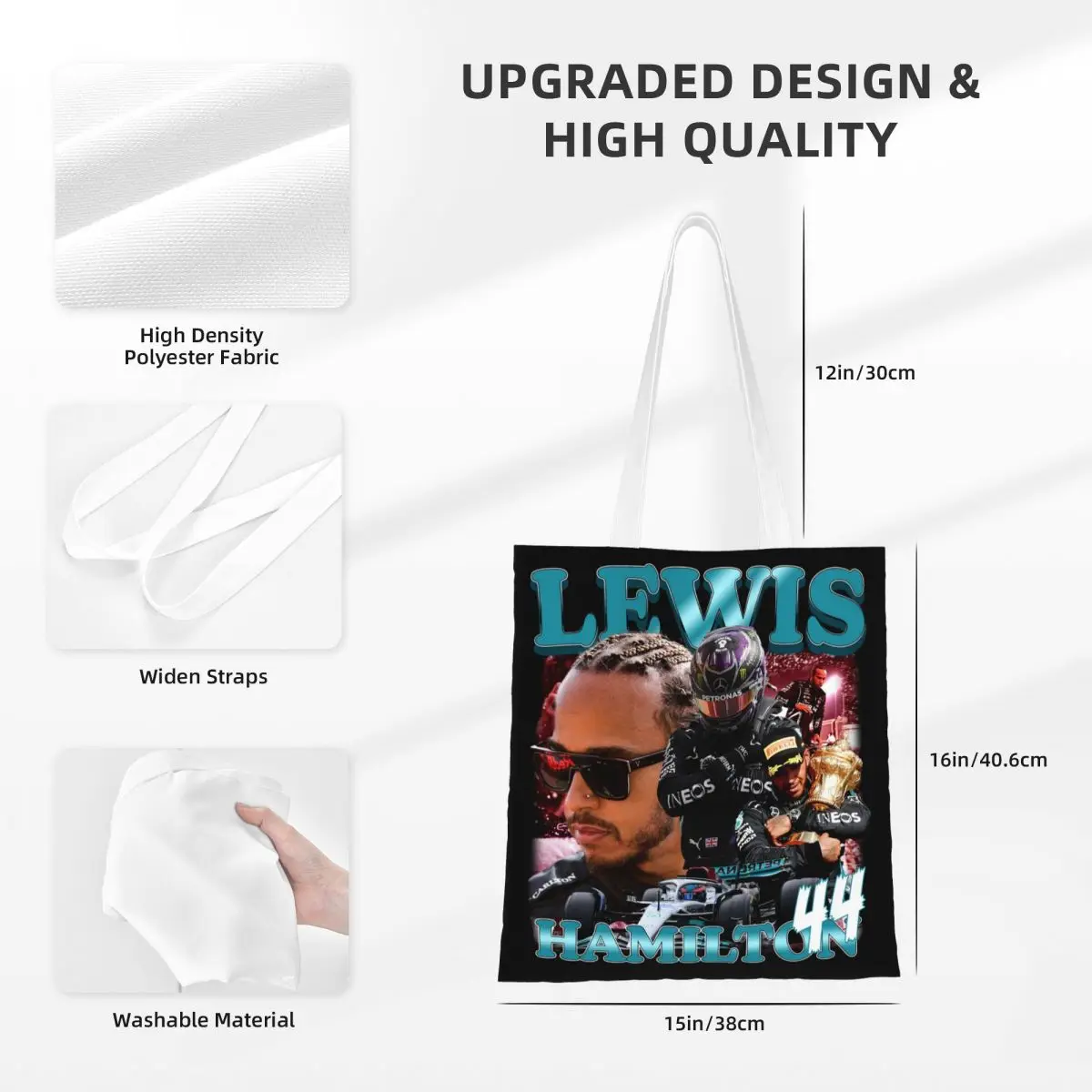 Lewis Hamilton 44 Canvas Tote Handbag F1 Racing Driver Grocery Bags Shopping Bags for Women