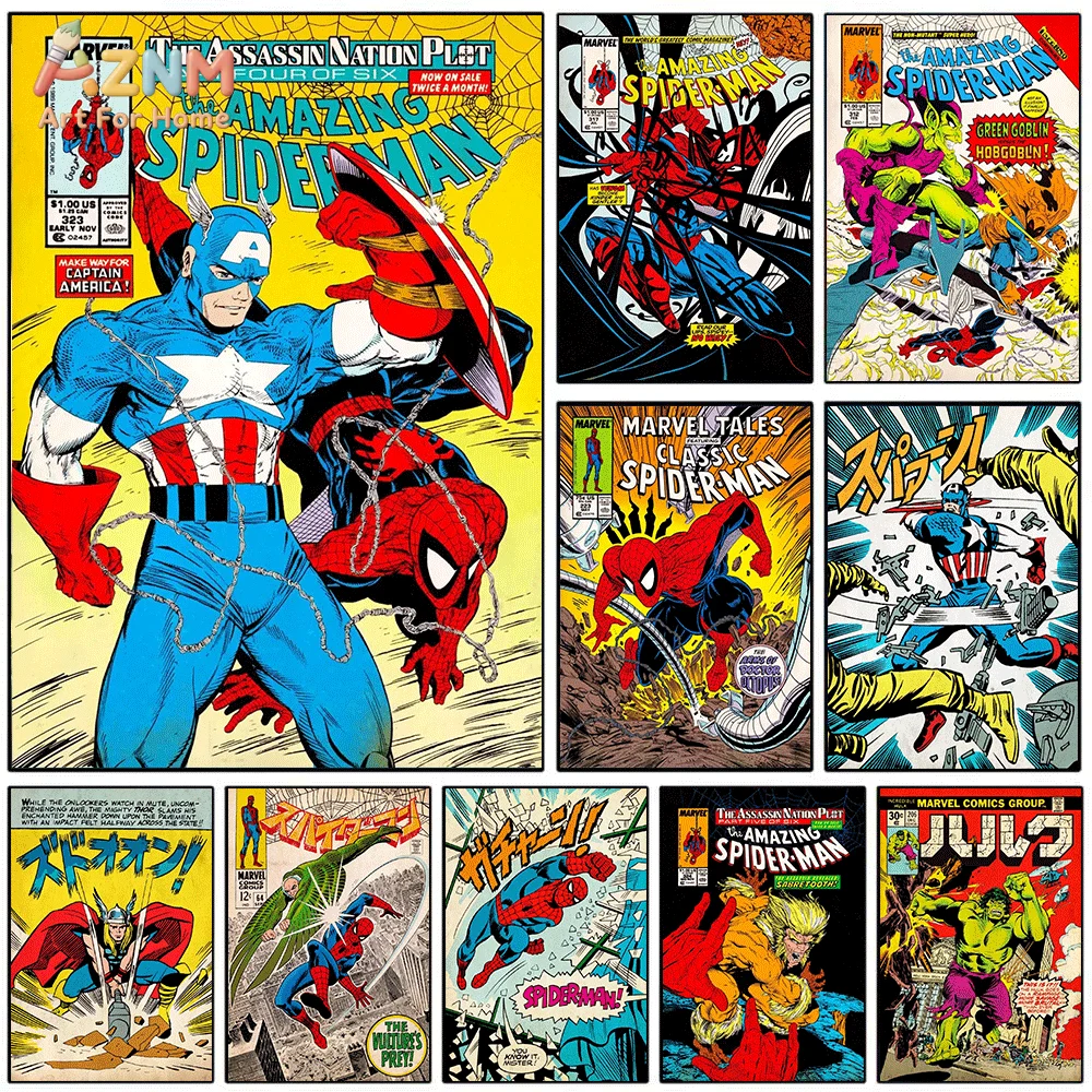 AZNM Vintage Spider‑Man Captain America Marvel Comic Cover Collage Frameless Canvas Wall Art Retro Superhero Comic‑Book Print